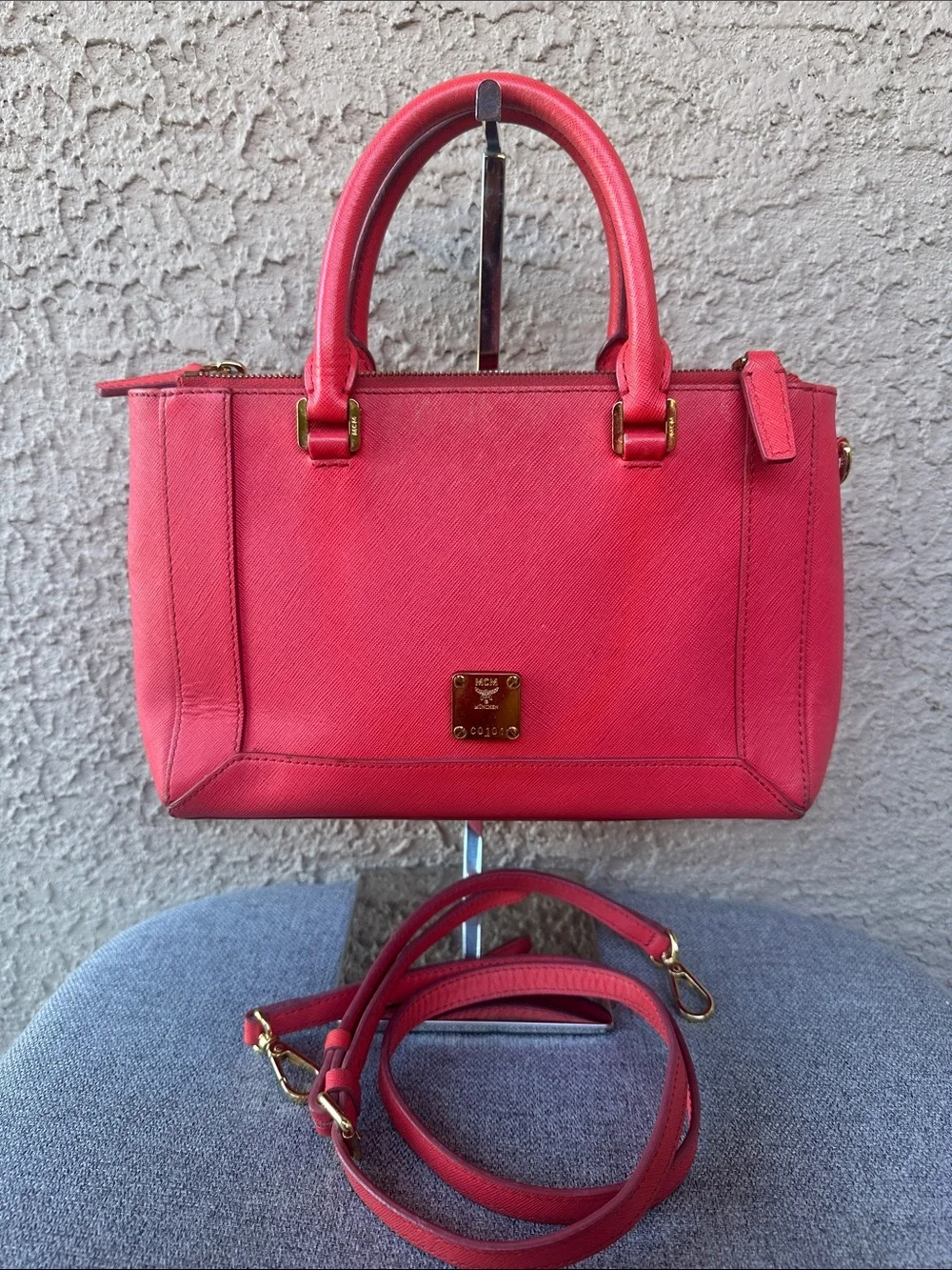 MCM Red Saffiano Leather Satchel Bag with Removable Strap